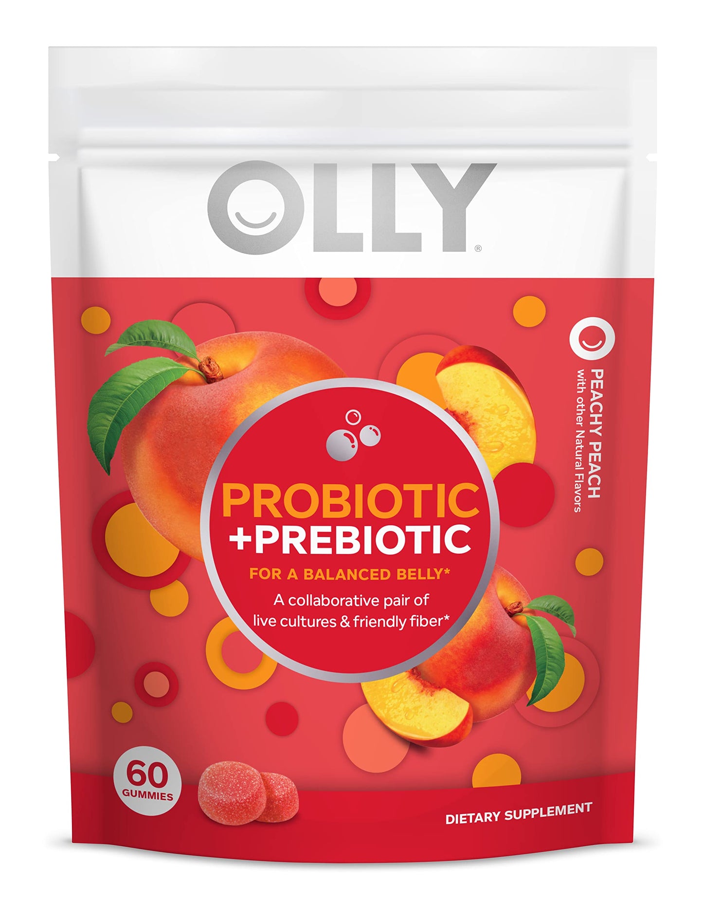 OLLY Probiotic Gummy Peach 60 Day Supply 60 Count Pouch