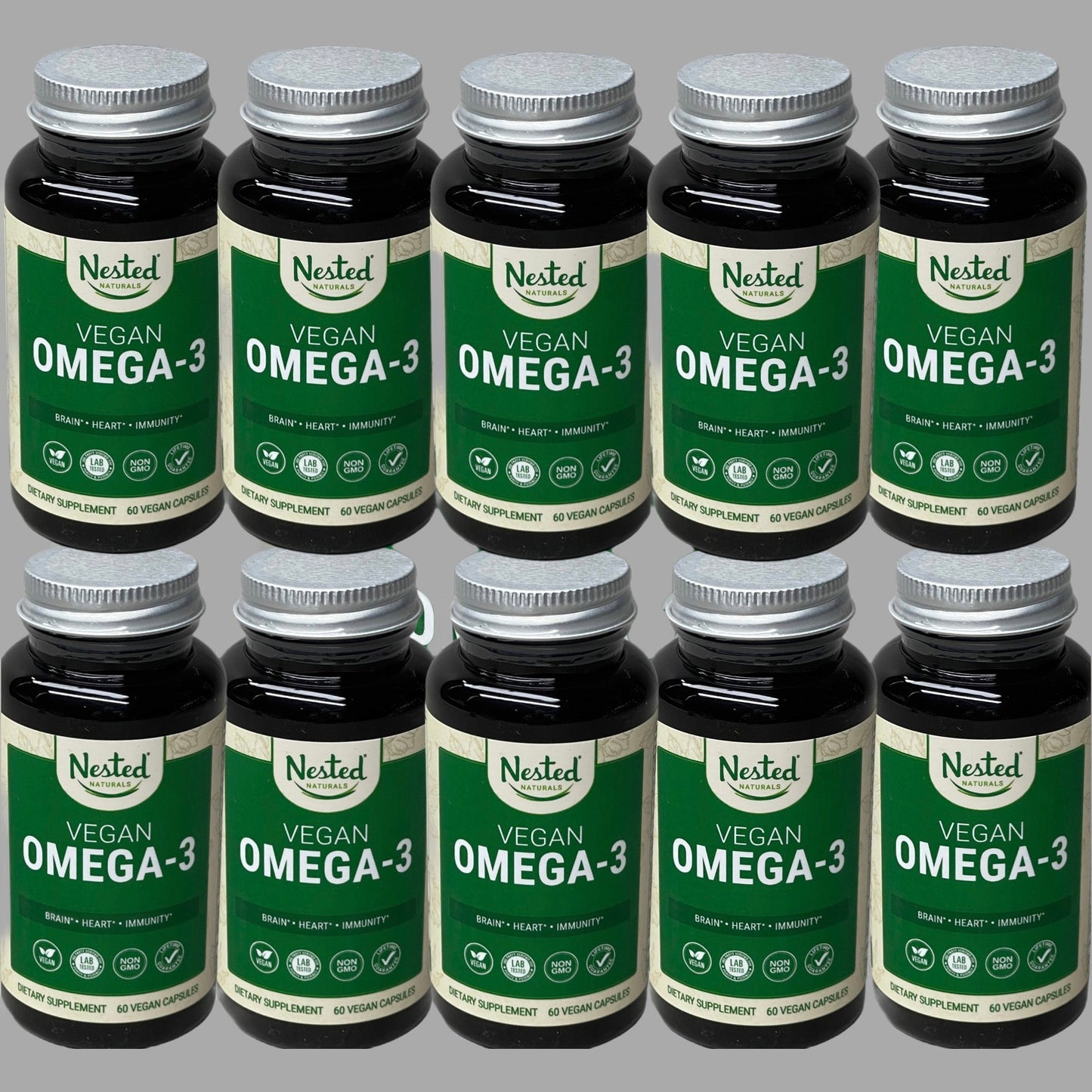 NESTED NATURALS Lot of 10! Vegan Omega 3 & 6 DHA Supplement (Heart, Brain, Joint) 60 Capsules 01/24 (New Other)
