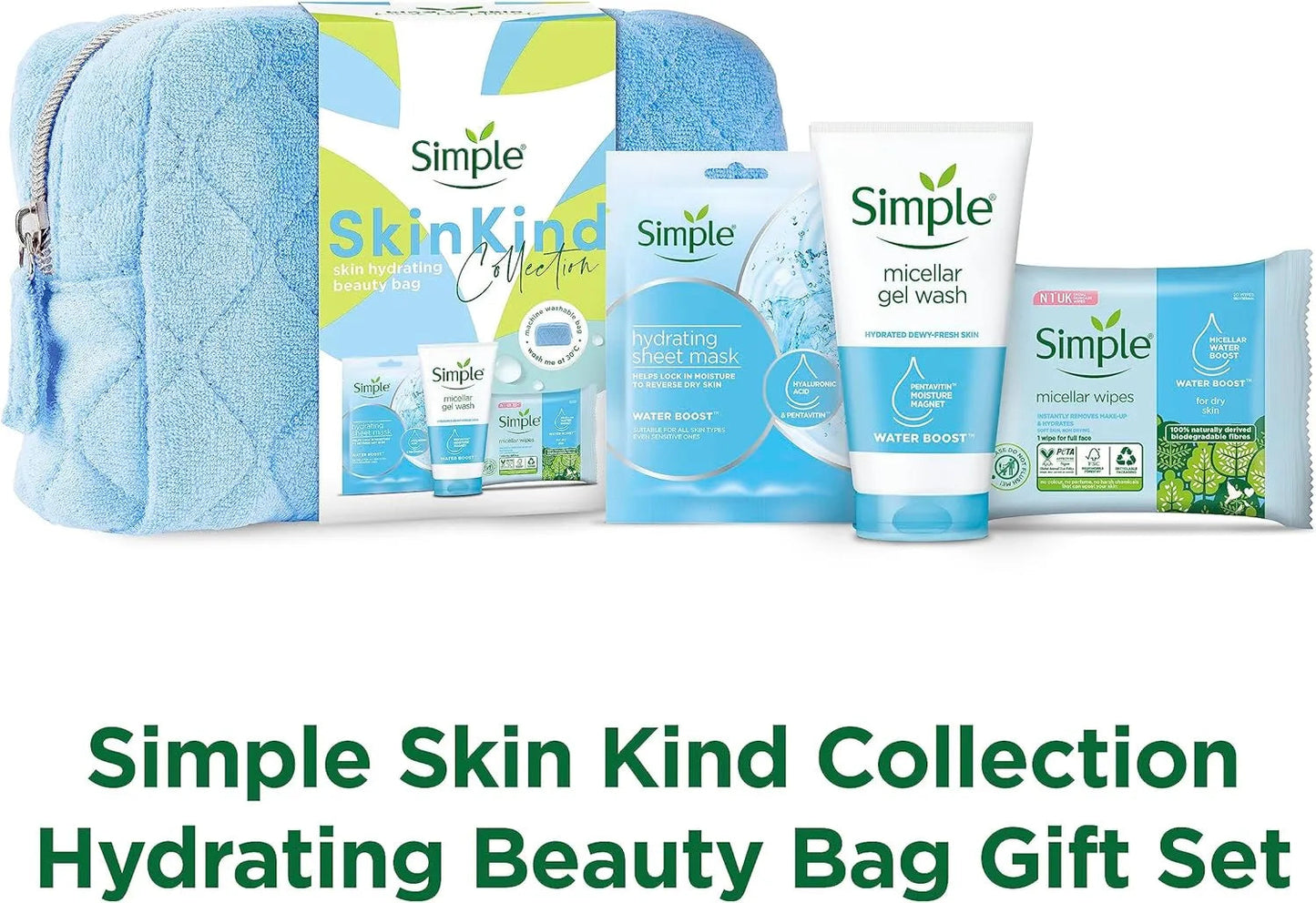 Get Glowing with Simple Skin Kind Hydrating Beauty Bag Gift Set | Skin Care Gifts for Her | Machine-Washable Bag | 3-Piece Set