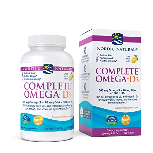 Nordic Naturals Complete Omega-D3, Lemon Flavor - 565 mg Omega-3 + 70 mg GLA + 1000 IU Vitamin D3-120 Soft Gels - EPA & DHA - Healthy Skin & Joints, Cognition, Positive Mood - Non-GMO - 60 Servings