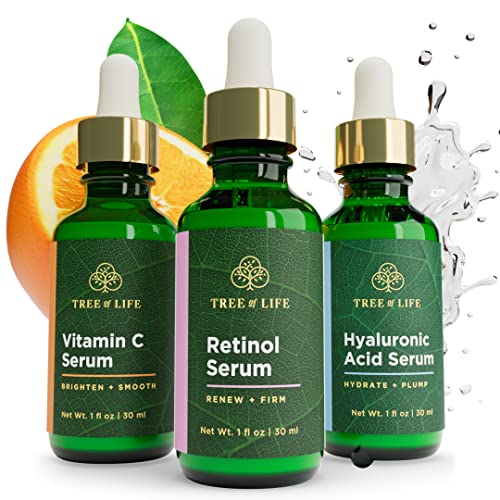 Tree of Life Vitamin C Retinol Serum 3 Pack 1 Fl Oz Hyaluronic Acid Serum for Brightening, Firming, & Hydrating for Face