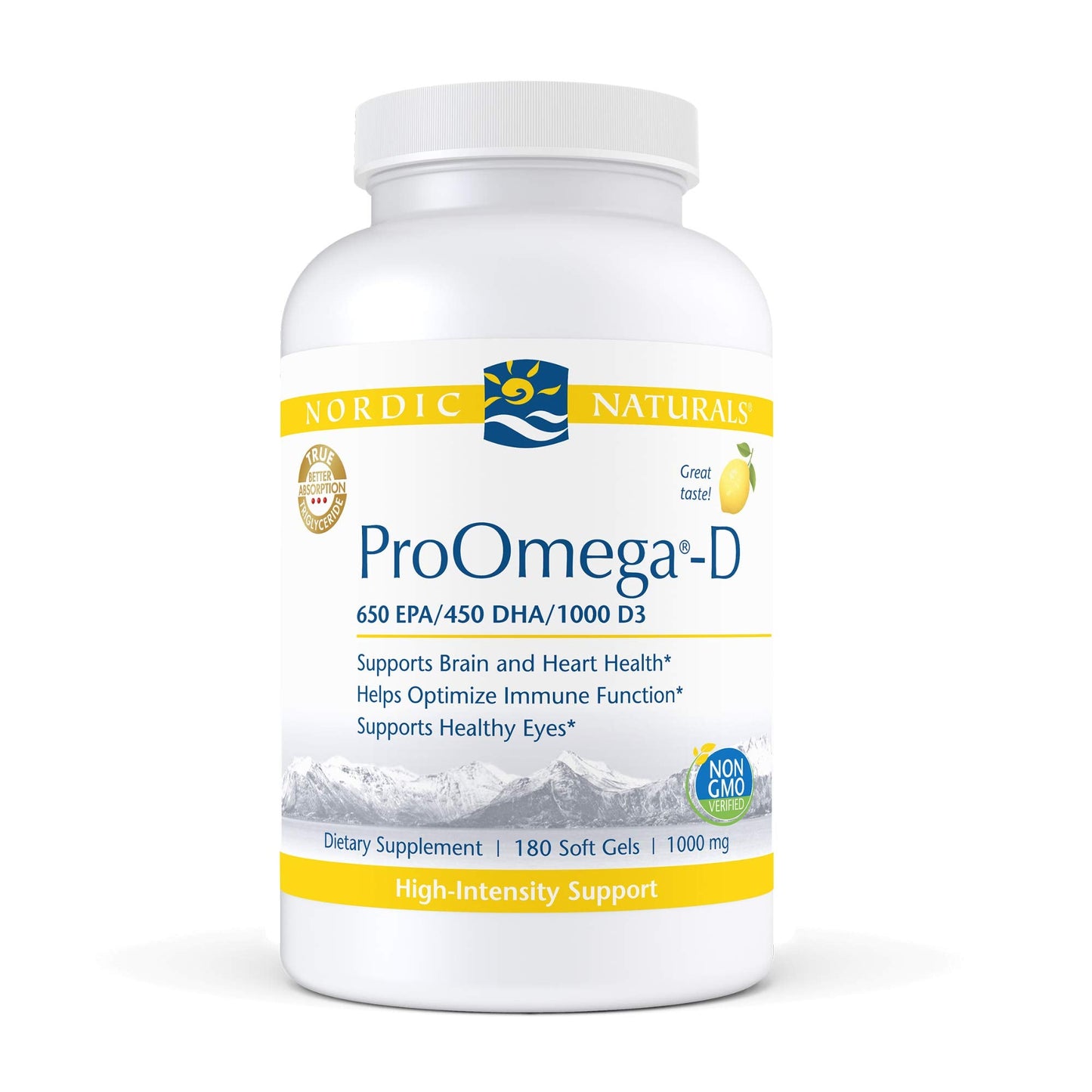 Nordic Naturals ProOmega-D, Lemon Flavor - 1280 mg Omega-3 + 1000 IU D3-120 Soft Gels - High-Potency Fish Oil - EPA & DHA - Brain, Eye, Heart, Joint, & Immune Health - Non-GMO - 60 Servings