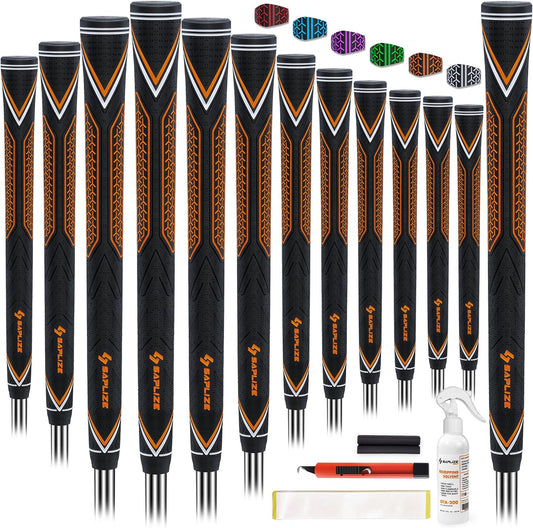 SAPLIZE High-Performance Rubber Golf Grips 13 Pack, High Shock Absorption, Non-Slip, Choose from 13 Grips with 15 Tapes or 13 Grips with All Kits, Available in Standard/Mid/Jumbo Sizes, CC10 Series